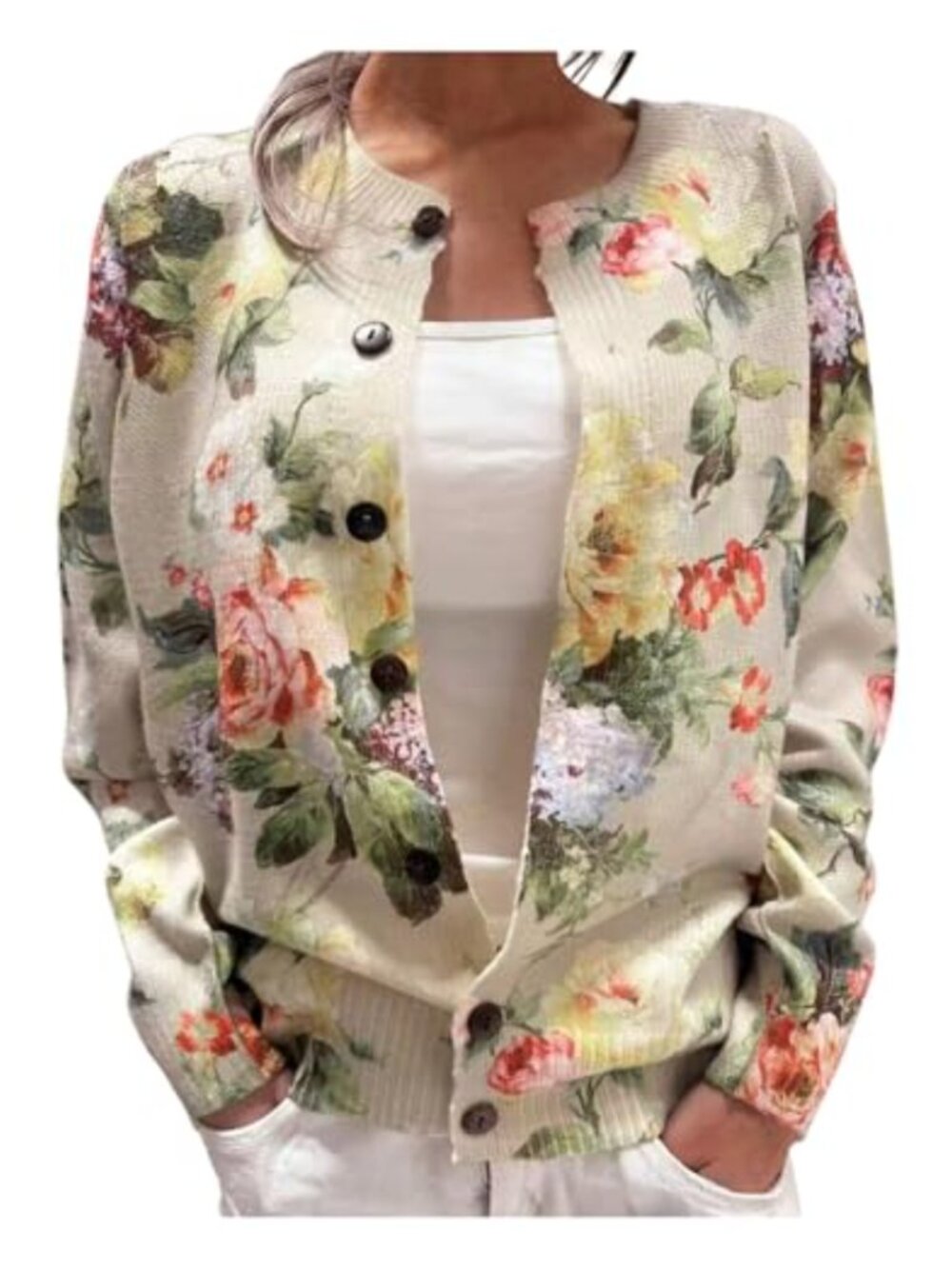 Floral Button Up Cardigan Sweater Long Sleeve Knit Jacket